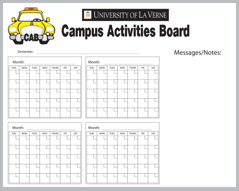 Campus Activities Board University of La Verne - Monthly Calendar
