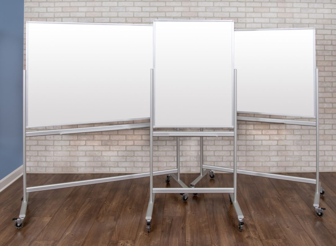 Three Mobile Glass Whiteboards. Shown in landscape and portrait format