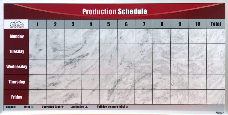 Custom printed magnetic production schedule whiteboard 48"w x 24"h