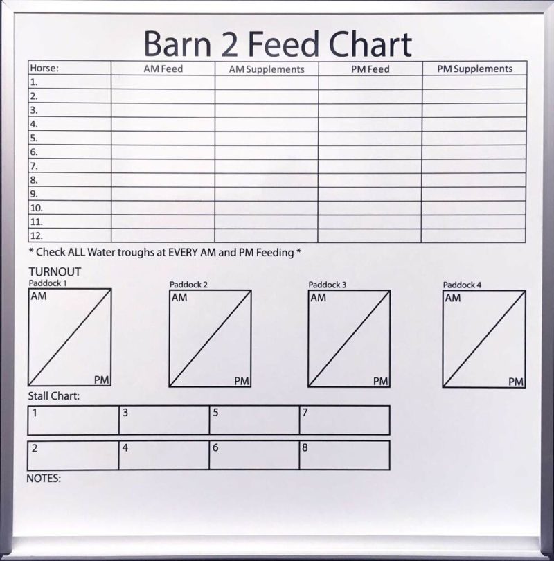 Horse Barn Feed Chart - magnetic 24"w x 24"h custom printed with tray whiteboard