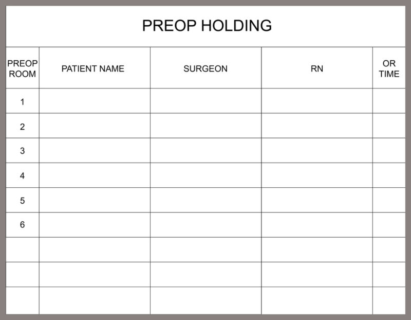 Preop - Patient Tracking Board - magnetic 24"w x 24"h custom printed medical dry erase whiteboard