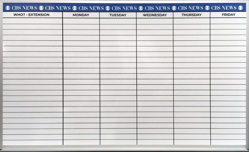 CBS News Custom sized 61"w x 36"h Scheduling Whiteboard custom printed magnetic tray