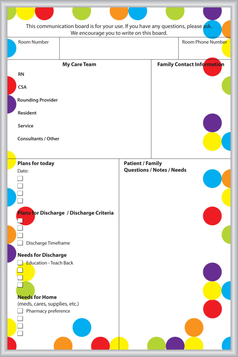 Children&#039;s Hospital Patient Communication Board - magnetic 24&quot;w x 36&quot;h custom printed dry erase whiteboard