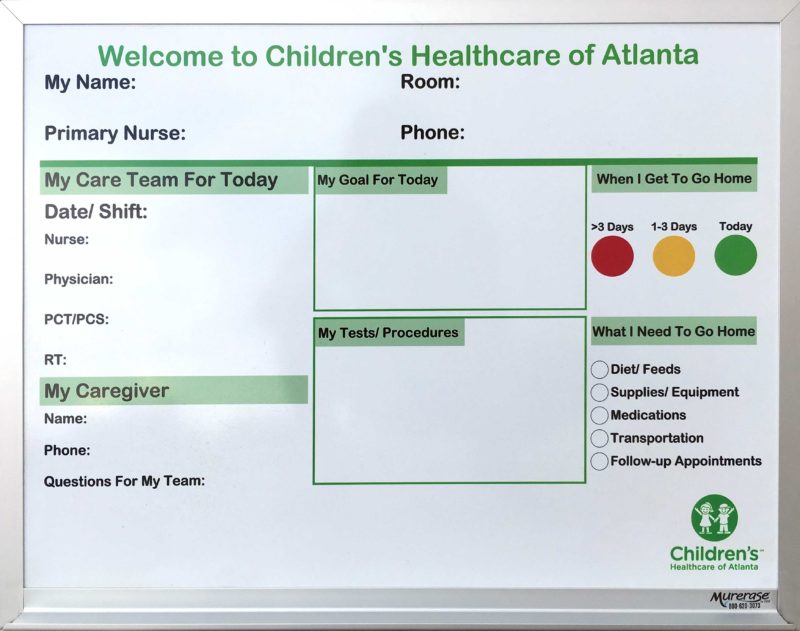 Children's Healthcare of Atlanta Patient Communications - magnetic 24" x 18"h whiteboard custom printed custom designed with full length tray company logo