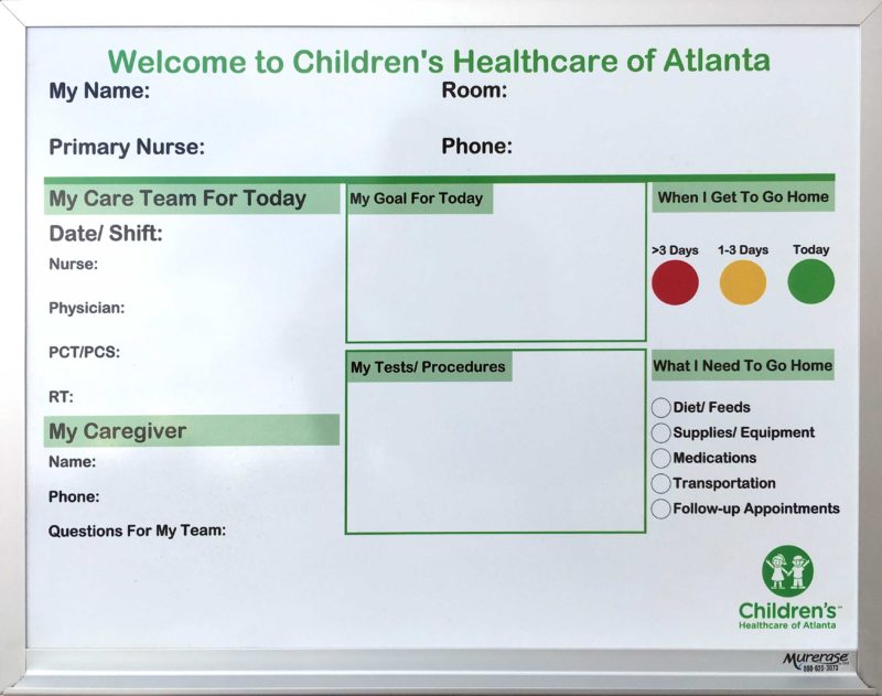 Children&#039;s Healthcare of Atlanta - Magnetic 24&quot;w x 18&quot;h patient communication custom printed dry erase whiteboard with full length tray