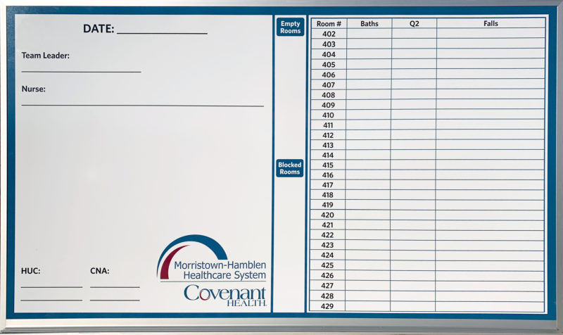 Covenant Health Room Tracking Board - magnetic 66"w x 33"h custom printed printed with marker tray