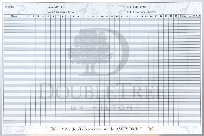Doubletree 72"w x 48"h Monthly Cleaning Tracking Whiteboard magnetic custom printed