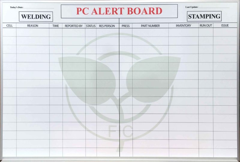 Production Alert custom printed tracking whiteboard 72"w x 48"h with a tray and watermark logo