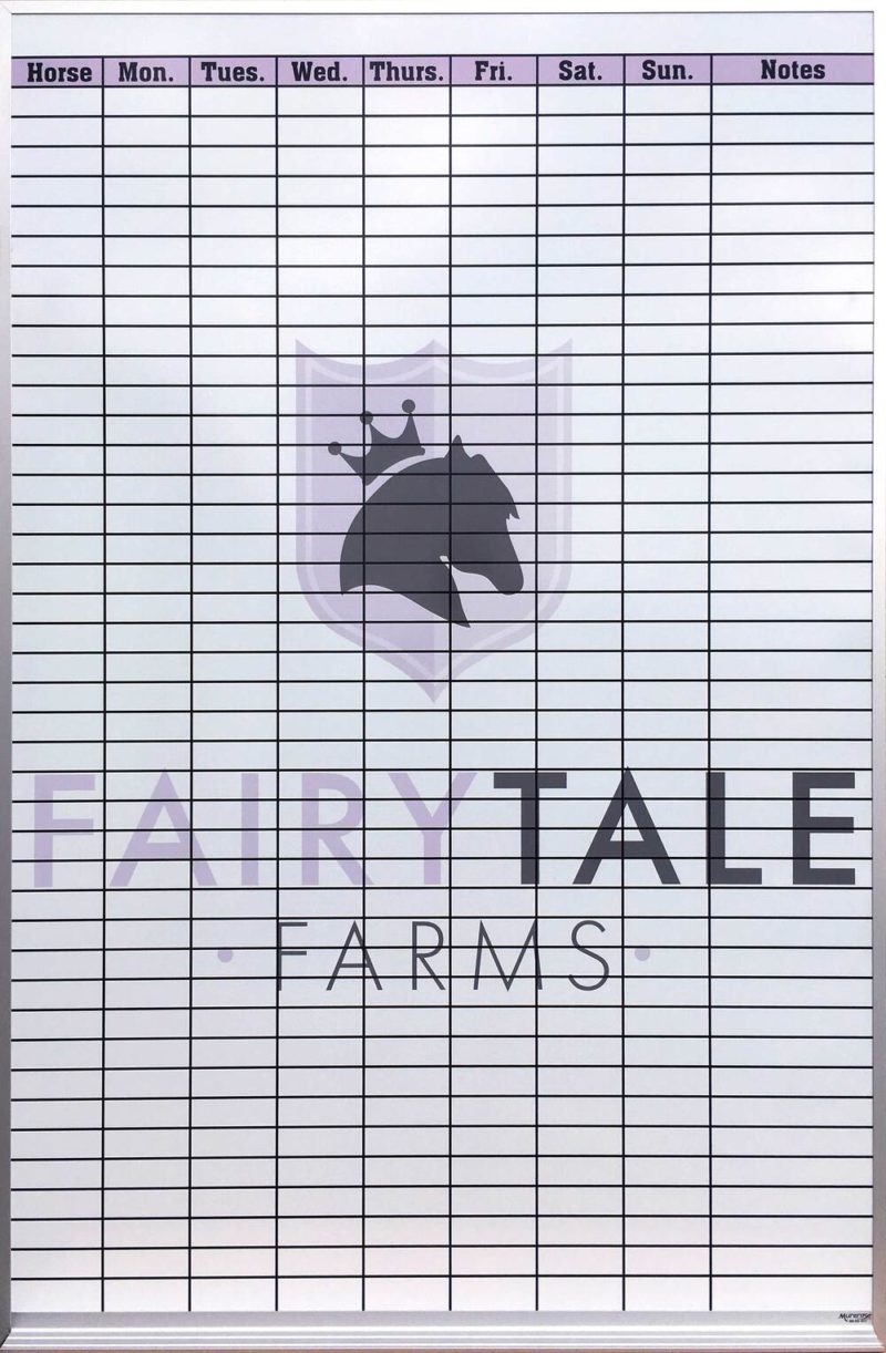 Fairy Tale Horse Farms - Horse Schedule Board - Magnetic 48"w x 72"h custom printed with aluminum tray