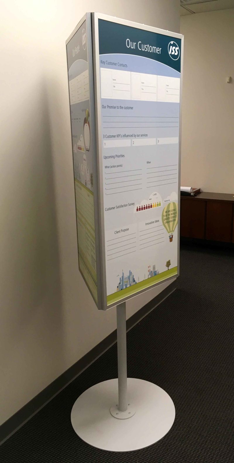 ISS Custom 3-sided huddleboard stand - magnetic 22"w x 48"h custom printed on 3 sides whiteboards