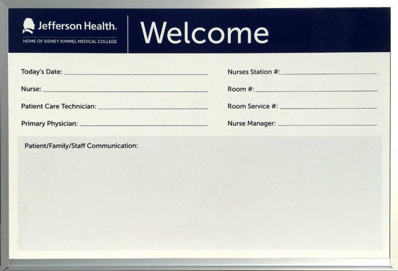 Jefferson Health Communication Whiteboard -  magnetic 36&quot;w x 24&quot;h custom printed dry erase board with full length tray