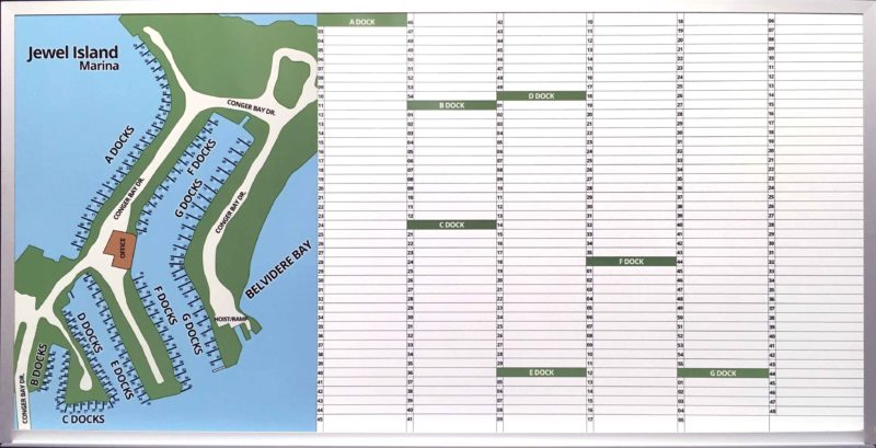 Jewel Island Marina Dock Chart - magnetic 48"w x 24"h custom printed whiteboard with a fill length tray