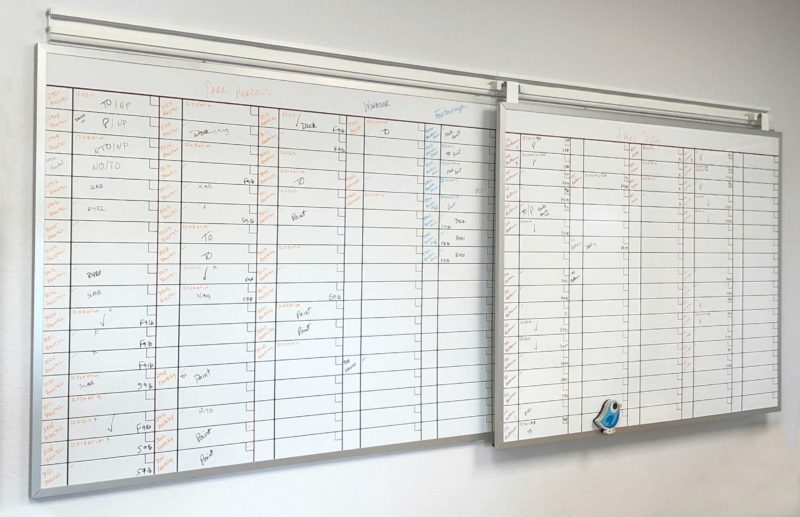 Keene Roofing Magnetic sliding Whiteboard Rail System - Schedule tracking - multiple (2) 72"w x 48"h custom printed whiteboards
