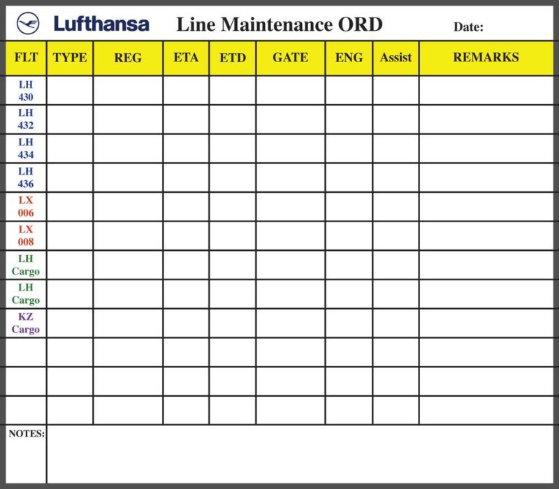 Lufthansa Maintenance Tracking - Magnetic 48"w x 48"h custom printed whiteboard