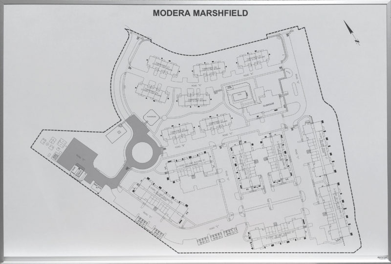 Modera Marshfield Site map - magnetic 72"w x 48"h whiteboard with full length Tray custom printed from blueprints