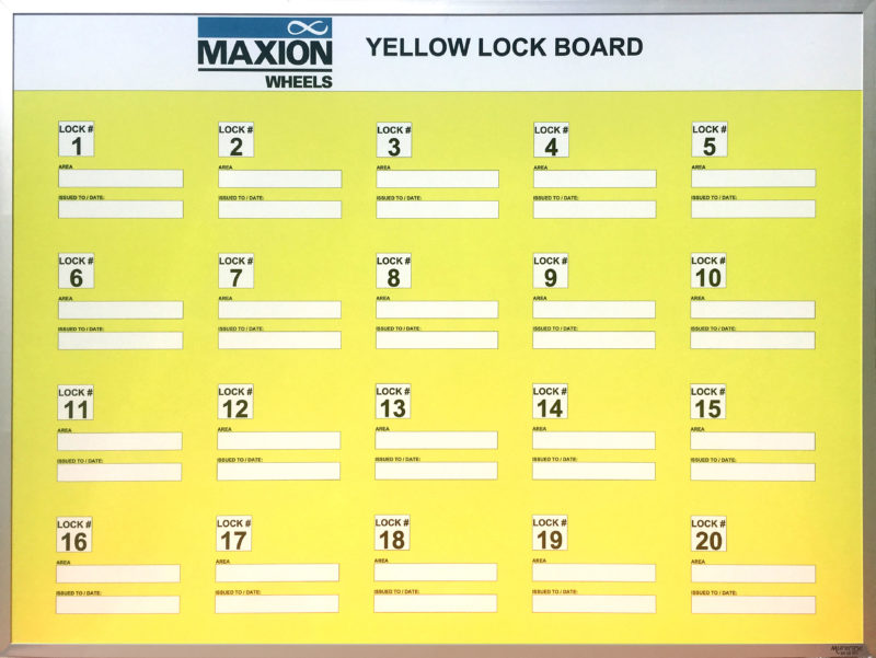 Maxion Wheels Lock Tracking Board - 48"w x 36"h magnetic whiteboard lock out tag out custom printed whiteboard