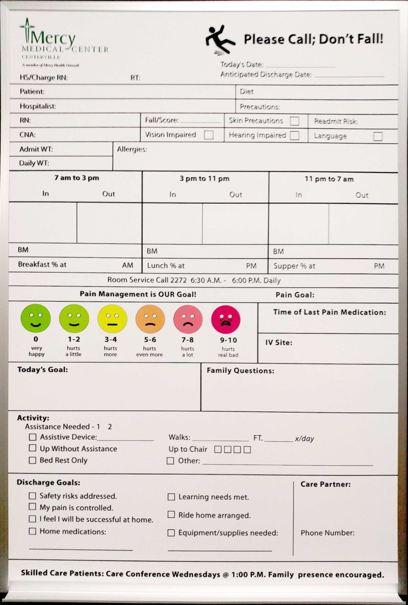 Mercy Medical Center - magnetic 24"w x 36"h custtom printed patient communication whiteboard with pain scale and please call, don't fall with a full length tray