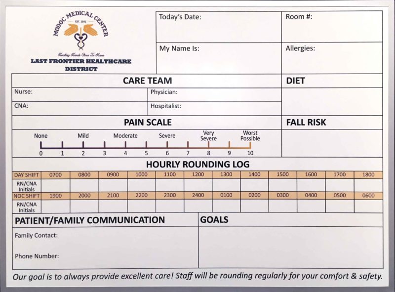 Modoc Medical Center - magnetic 48&quot;w x 36&quot;h custom printed nurse rounding whiteboard with a pain scale