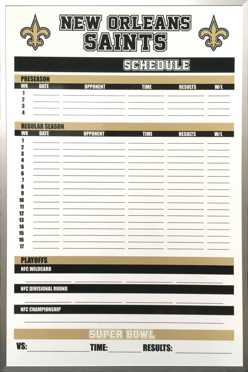 New Orleans Saints Football Schedule - magnetic 24"w x 36"h custom printed game tracker