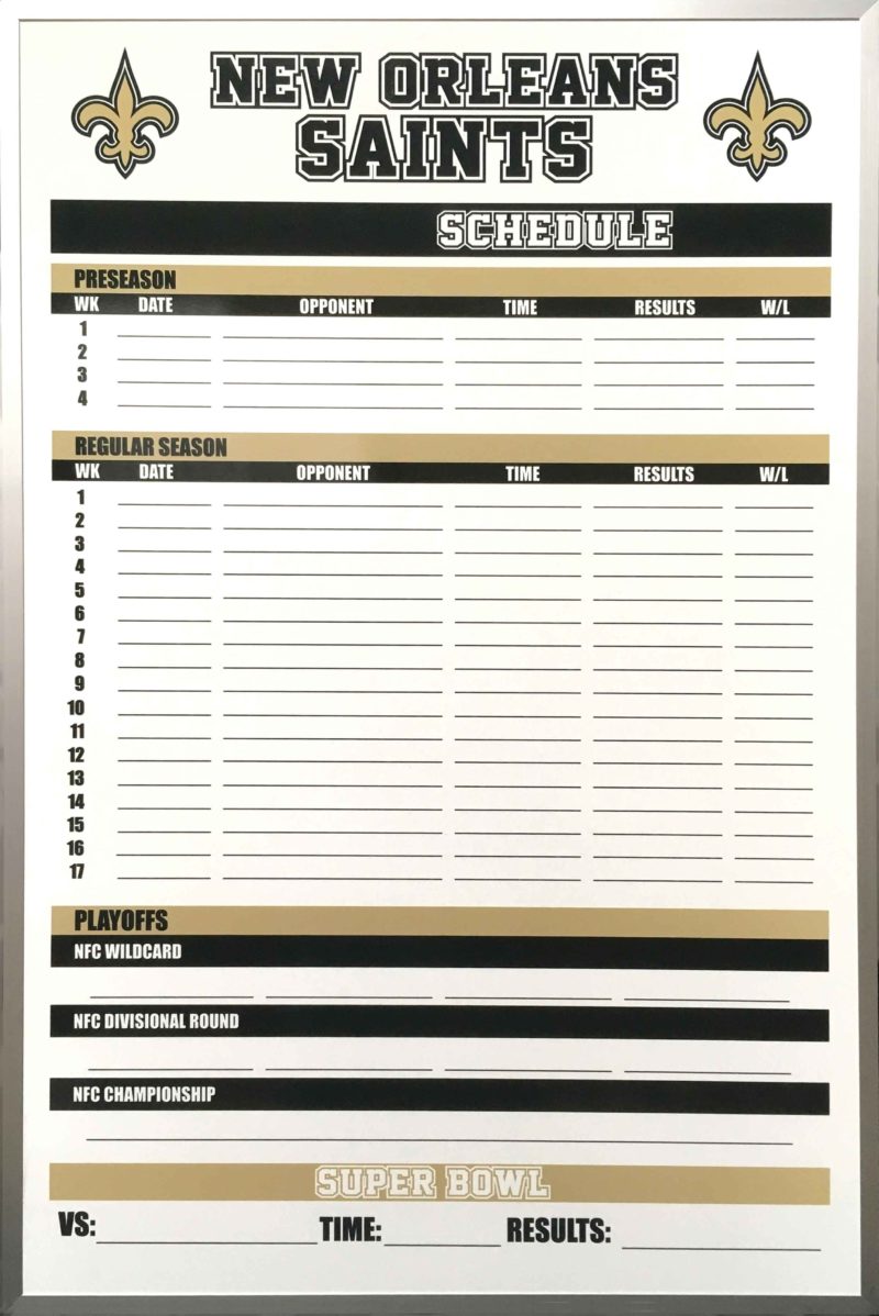 New Orleans Saints Schedule Board - magnetic 24"w x 36"h custom printed