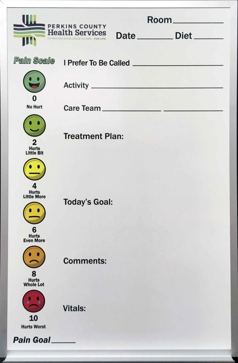 Perkins County Health Services - magnetic 24"w x 36"h custom printed whiteboard with pain scale and aluminum tray