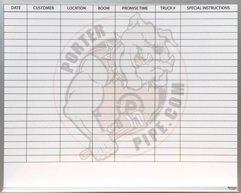Porter Pipe Sales Order Tracking - magnetic 48"w x 36"h custom printed with full length tray and watermark logo