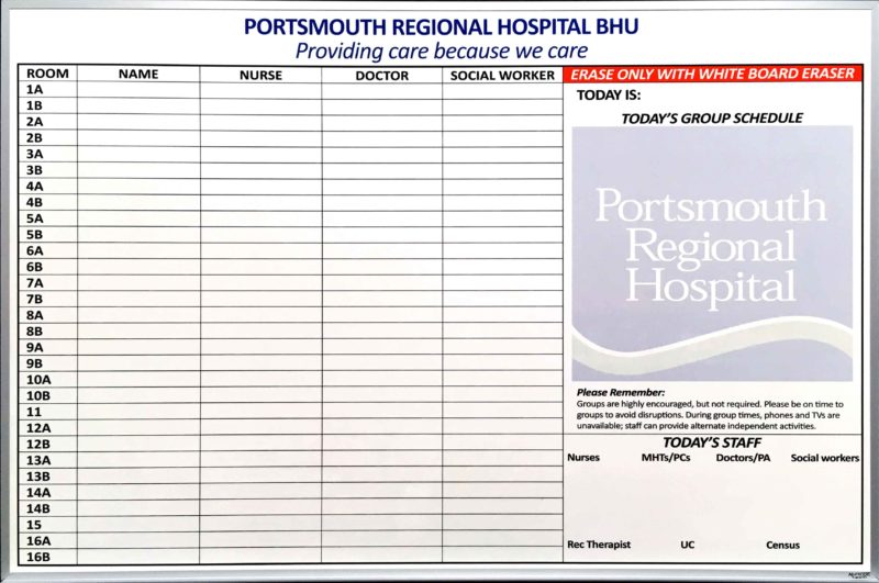 Portsmouth Regional Hospital Patient Tracking - Magnetic 72"w x 48"h whiteboard custom printed dry erase company logo watermark full length aluminum tray