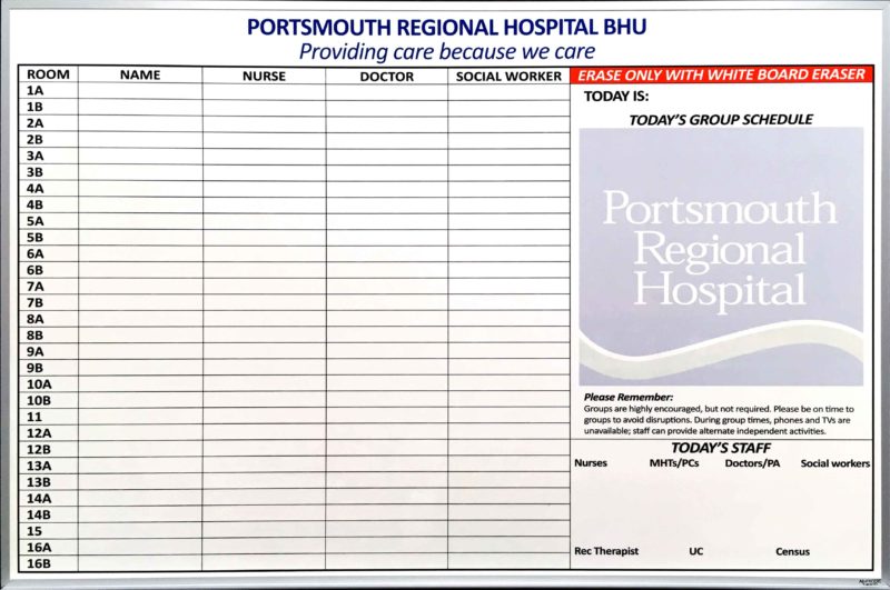 Portsmouth Regional Hospital - magnetic 72&quot;w x 48&quot;h custom printed patient room tracking whiteboard