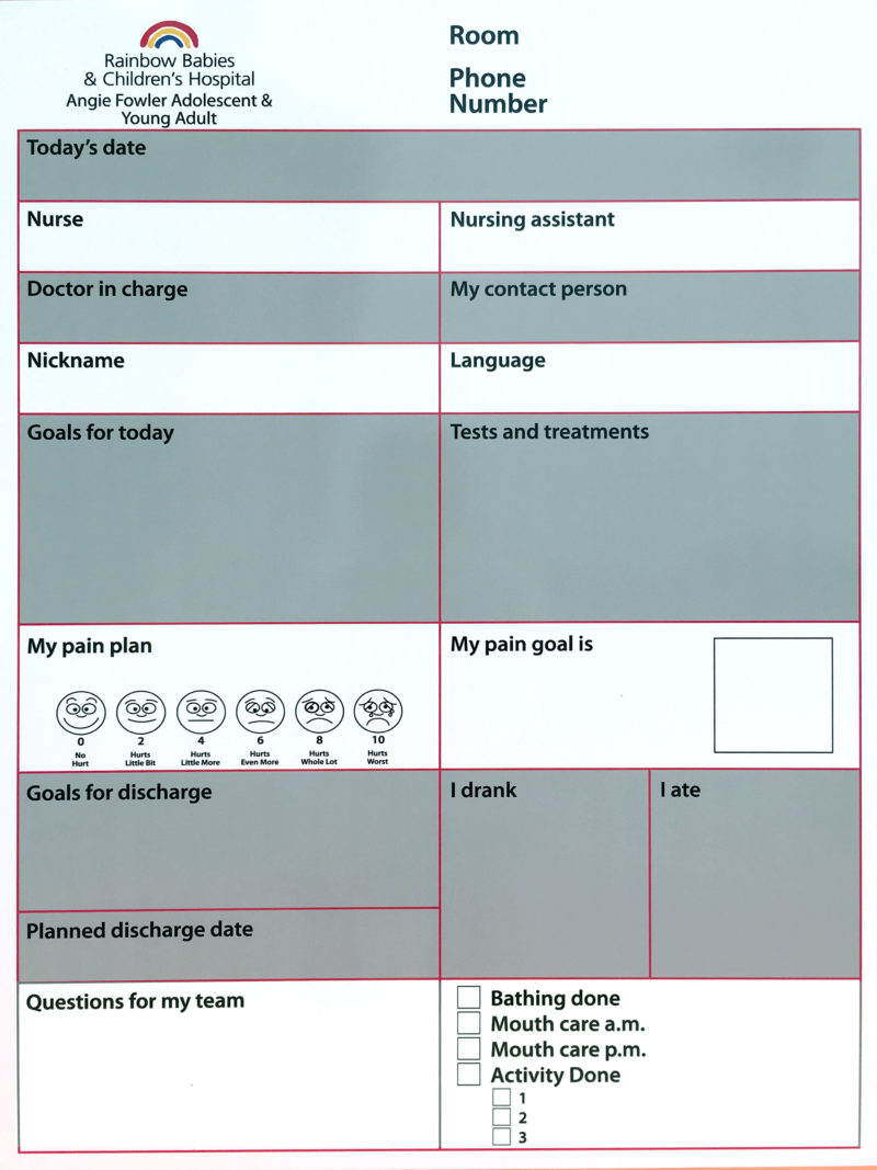 Rainbow Babies &amp; Children&#039;s Hospital - Magnetic 22&quot;w x 30&quot;h custom printed patient communication whiteboard with pain scale