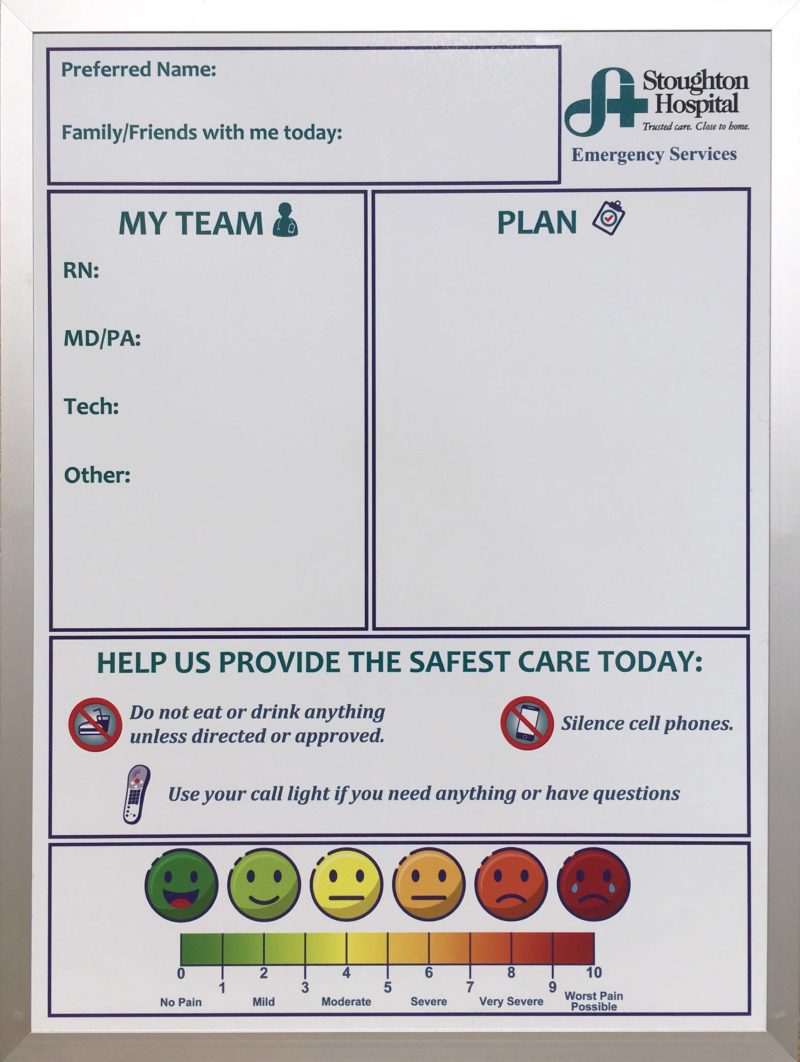 Stoughton Hospital - Magnetic 18"w x 24"h Patient communication custom printed whiteboard