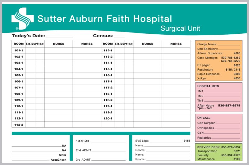 Sutter Auburn Faith Hospital Surgical Unit Patient Information Board - magnetic 48"w x 36"h whiteboard custom printed