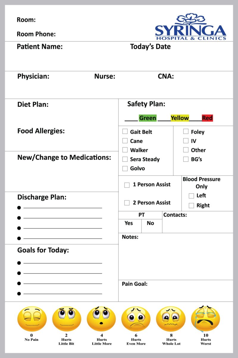 Syringa Patient Communication  - Magnetic 24"w x 36"h custom printed hospital patient room dry erase whiteboard