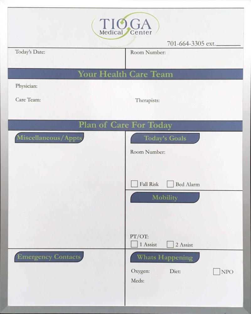 Tioga Medical Center - Magnetic 24"w x 30"h custom printed patient communication whiteboard with logo