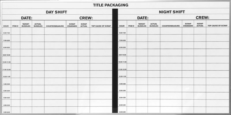 Title Packaging Hourly Tracking Board - Magnetic 96"w x 48"h Custom Printed with dy sublimation day and night shift