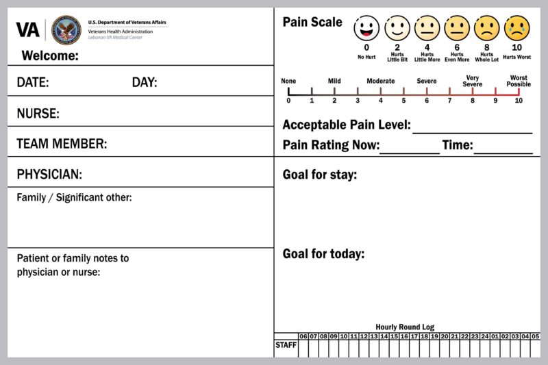 VA Medical Center Lebanon Patient Communication Board - magnetic 36"w x 24"h whiteboard custom printed custom designed with pain scale and rounding log