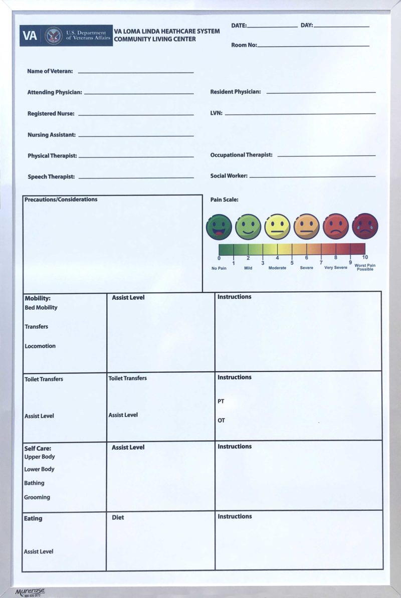 VA Medical Center - Loma Linda - 24"w x 36"h custom printed patient communication whiteboard with pain scale