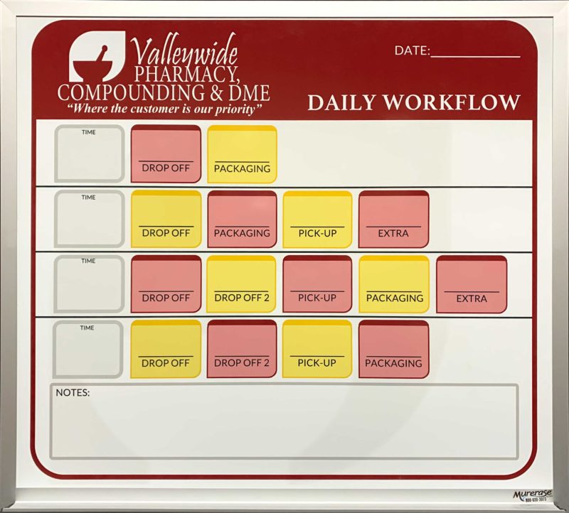 Valleywide Pharmacy Workflow - magnetic 26"w x 23"h cusstom printed and custom size dry erase whiteboard with aluminum tray