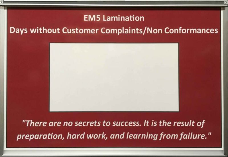 WL Gore Customer Complaint Tracking Board - magnetic 36"w x 24"h with an aluminum tray custom printed custom designed dry erase board