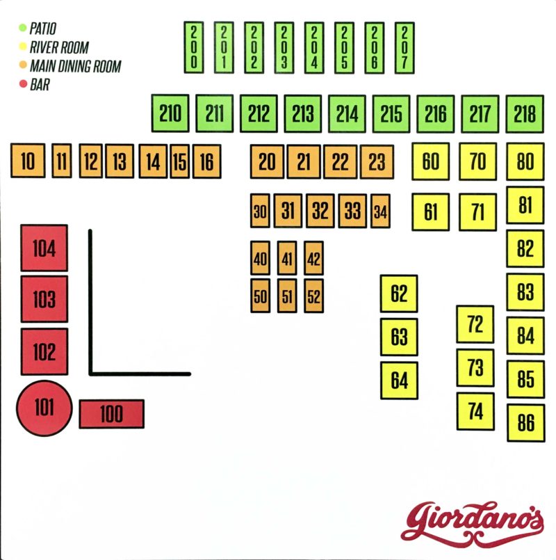 Giordano's Restaurant Seating Chart - Magnetic 15"w x 15"h custom printed whiteboard, custom size