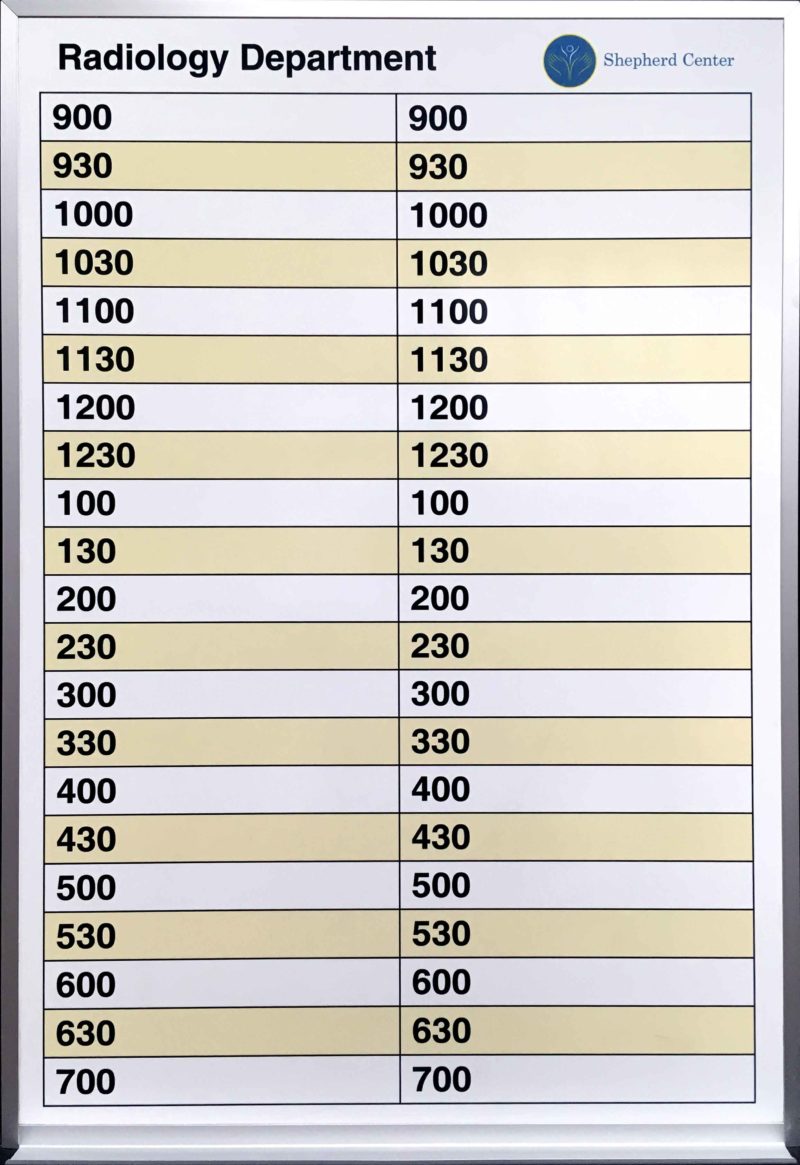 Shepherd Center Radiology Department - magnetic 24"w x 36"h custom printed patient scheduling whiteboard with full length aluminum tray