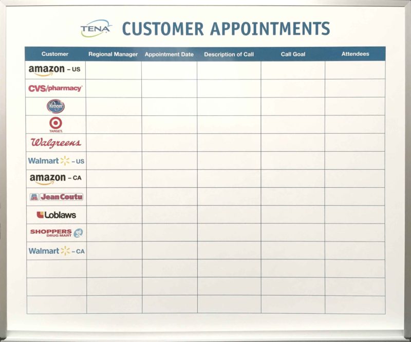 Tena Customer Appointment Board - 24"w x 24"h custom printed with company logo and tray