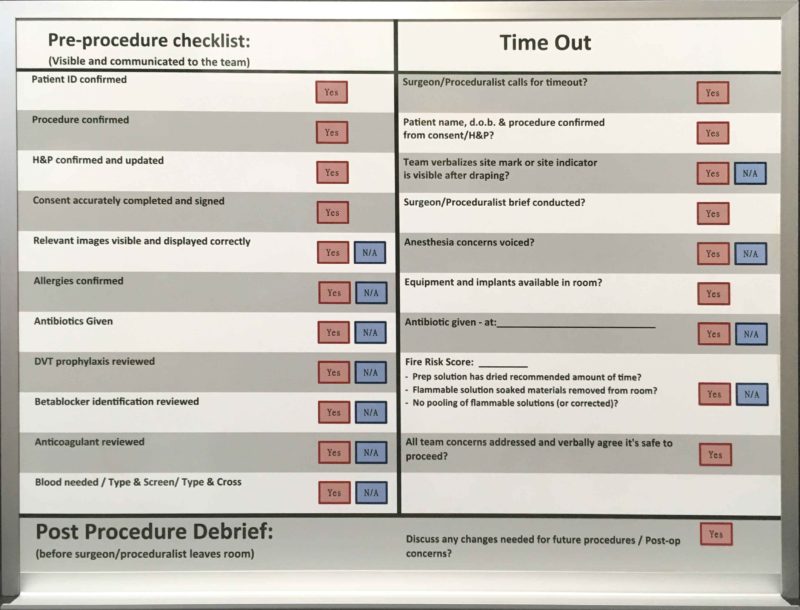 Patient Pre-Procedure Checklist - Magnetic 36"w x 24"h custom printed whiteboard with an aluminum  tray