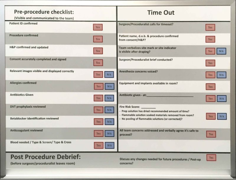 Patient Pre-Procedure Checklist - Magnetic 36&quot;w x 24&quot;h custom printed whiteboard with an aluminum  tray