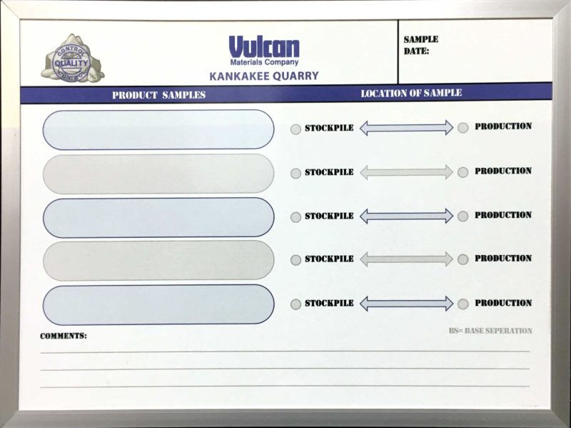 Vulcan Materials Kankakee Quarry Production Samples Board -  Magnetic 36"w x 24"h Custom printed dye sublimation
